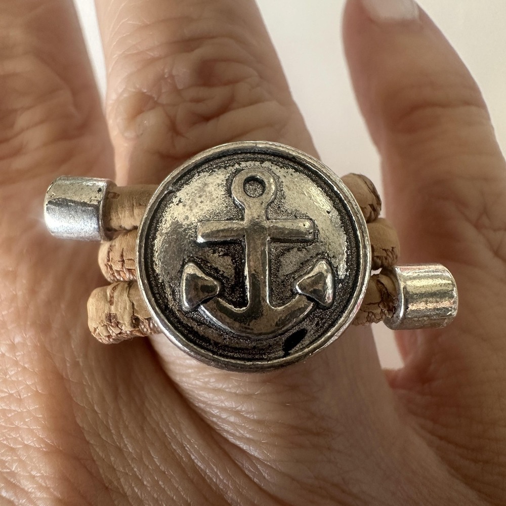Natural Cork Anchor Signet Ring Womens Size 8 Silver Tone Nautical Portugal